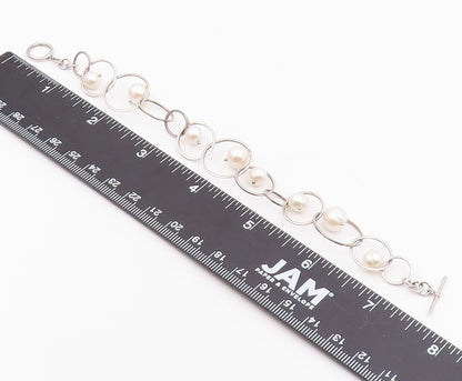 925 Sterling Silver  Vintage Cultured Pearl Open Circle Chain Bracelet  BT8935