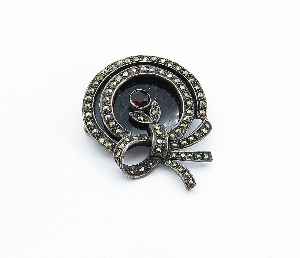 925 Sterling Silver  Vintage Black Onyx & Garnet Ribbon Brooch Pin  BP2340
