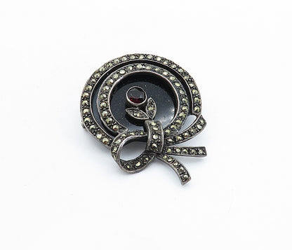 925 Sterling Silver  Vintage Black Onyx & Garnet Ribbon Brooch Pin  BP2340