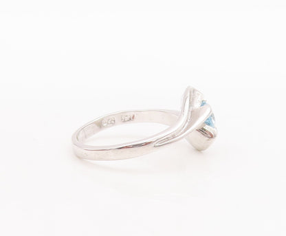 925 Sterling Silver Vintage Ring Modernist Design Carved Blue CZ Sz 7.5  RG29709