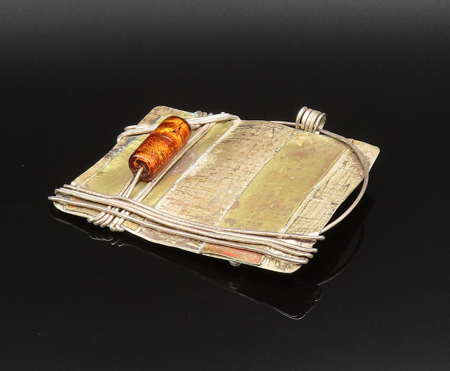 925 Sterling Silver  Vintage Wire Wrapped Modernist Amber Brooch Pin  BP9784