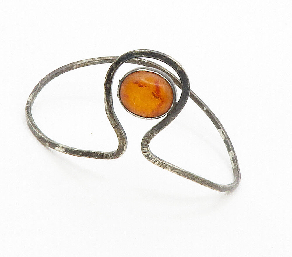 925 Sterling Silver  Vintage Cabochon Amber Oxidized Bangle Bracelet  BT5800