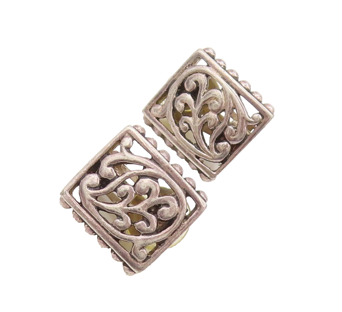 925 Sterling Silver  Vintage Swirly Cutout Rectangle Beaded Earrings  EG12686