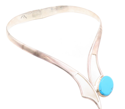 MEXICO 925 Sterling Silver Vintage Oval Gemstone Open Collar Necklace  NE1395