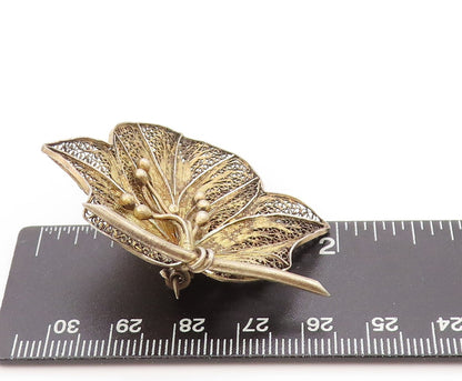 925 Sterling Silver Vintage Brooch Gold Plated Filigree Flower Blossom  BP11895