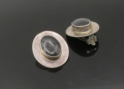 MEXICO 925 Silver   Vintage Black Onyx Shiny Oval Non Pierce Earrings  EG11316