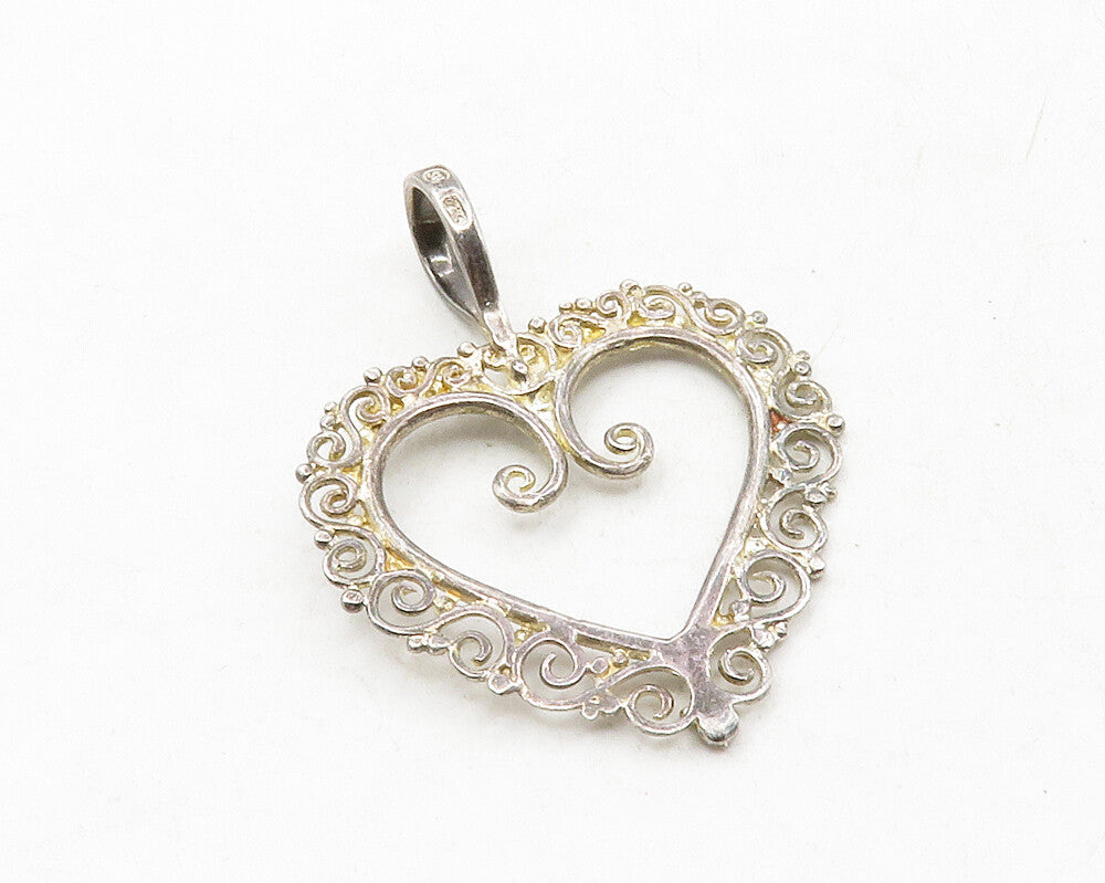 925 Sterling Silver  Vintage Open Love Heart Swirl Border Pendant  PT9846
