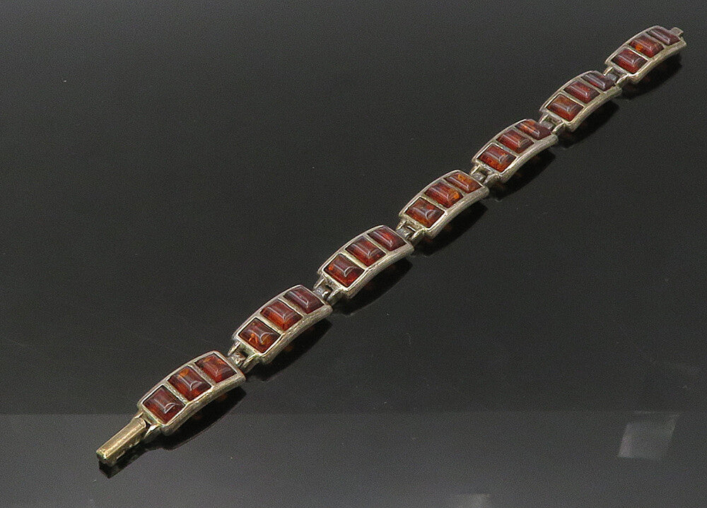 925 Sterling Silver  Vintage Amber Dark Tone Bar Link Chain Bracelet  BT8773