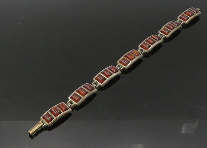 925 Sterling Silver  Vintage Amber Dark Tone Bar Link Chain Bracelet  BT8773