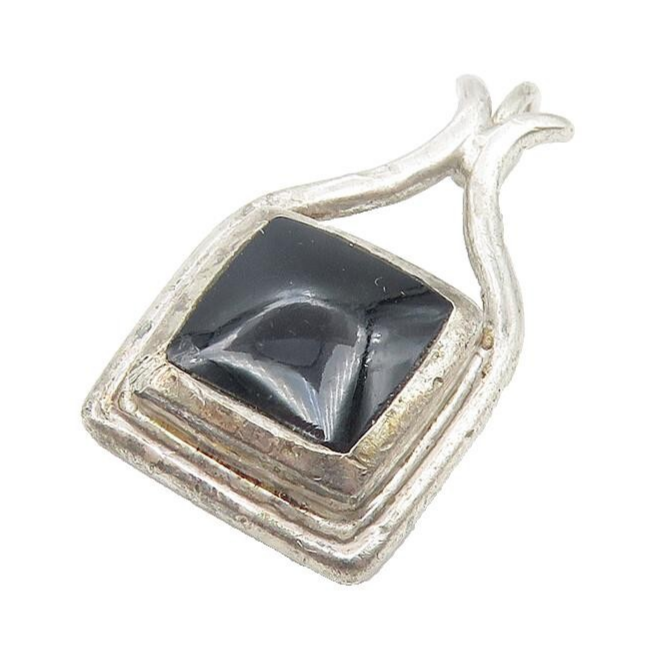 925 Sterling Silver  Vintage Inlaid Black Onyx Square Drop Pendant  PT8994