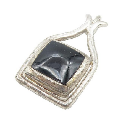 925 Sterling Silver  Vintage Inlaid Black Onyx Square Drop Pendant  PT8994