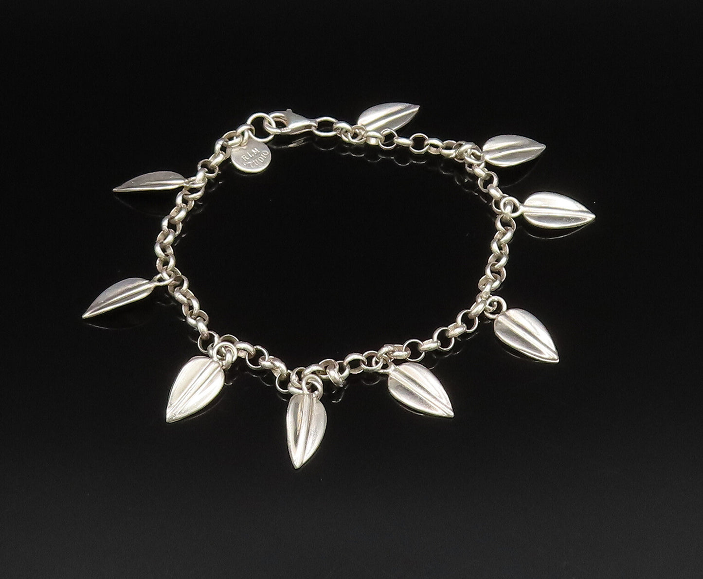 RLM STUDIO 925 Silver  Vintage Polished Leaf Charm Rolo Chain Bracelet  BT9575