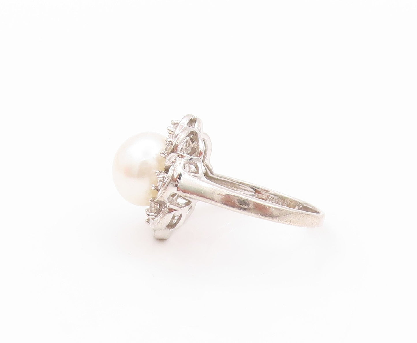 925 Sterling Silver Vintage Ring Pearl & CZ Cutout Flower  Sz 8  RG32643