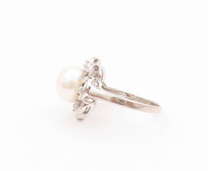 925 Sterling Silver Vintage Ring Pearl & CZ Cutout Flower  Sz 8  RG32643