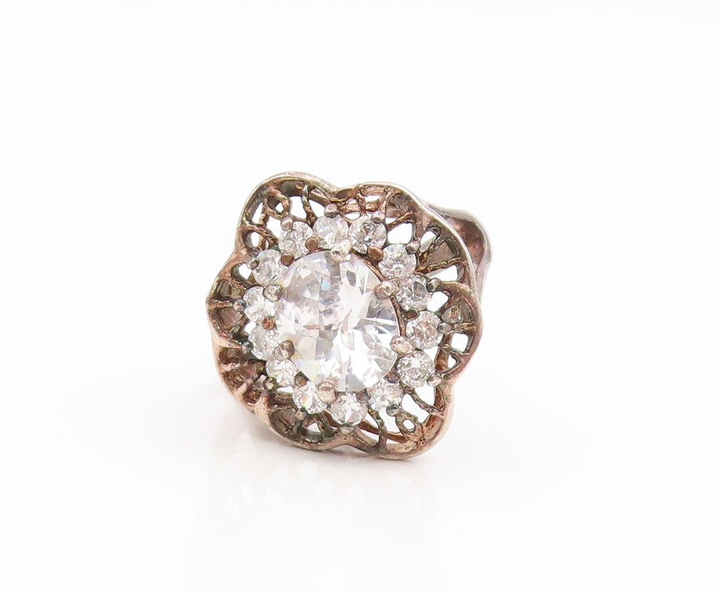 925 Sterling Silver Vintage Ring Elegant CZ Floral Cutout Band  Sz 9  RG35197