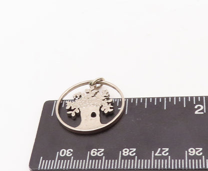 925 Sterling Silver Vintage Pendant Round Framed Solid Cutout Coin Tree  PT23157