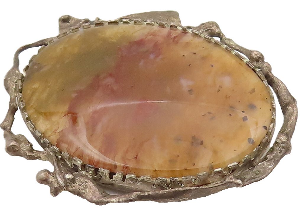 925 Sterling Silver  Vintage Unique Wavy Edge Plume Agate Brooch Pin  BP10213