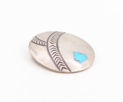 925 Sterling Silver Vintage Brooch Turquoise Inlay Etched Geometric Pin  BP12024