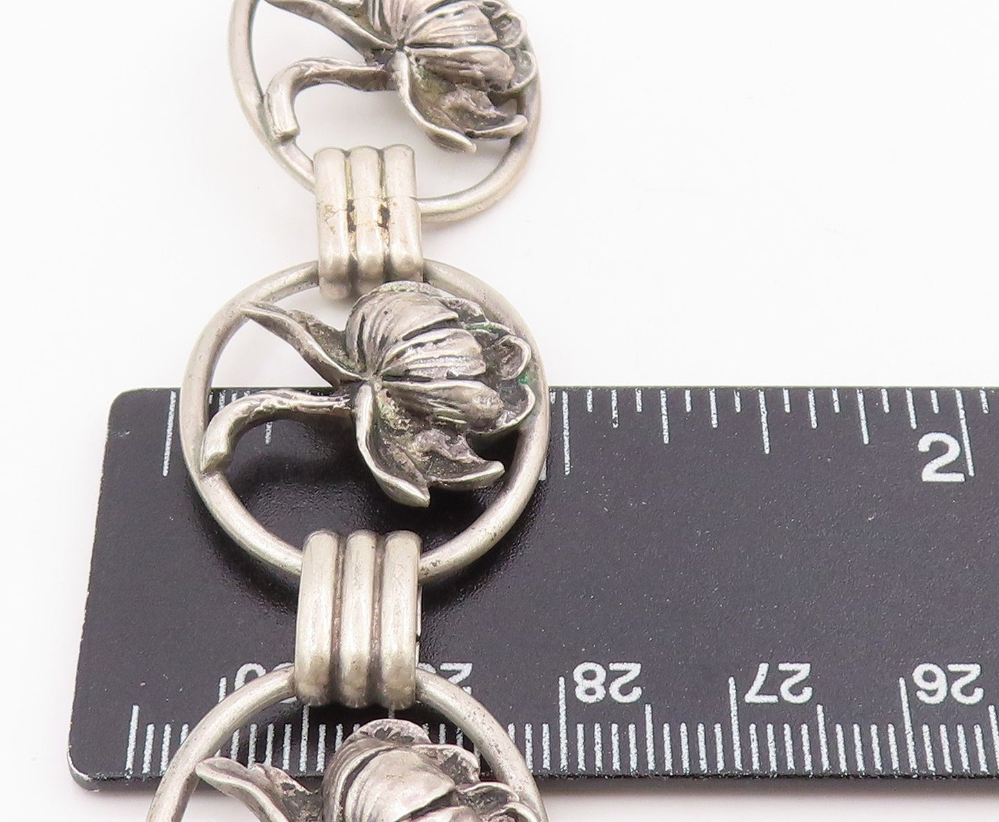 925 Sterling Silver Vintage Bracelet Carved Lotus Botanical Floral Link  BT11669