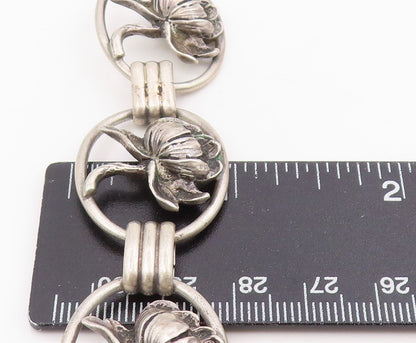 925 Sterling Silver Vintage Bracelet Carved Lotus Botanical Floral Link  BT11669
