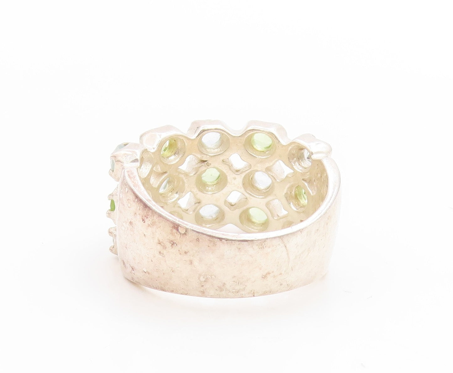 925 Sterling Silver Vintage Ring Peridot Blue Topaz Multi Row Band Sz 7 RG34074