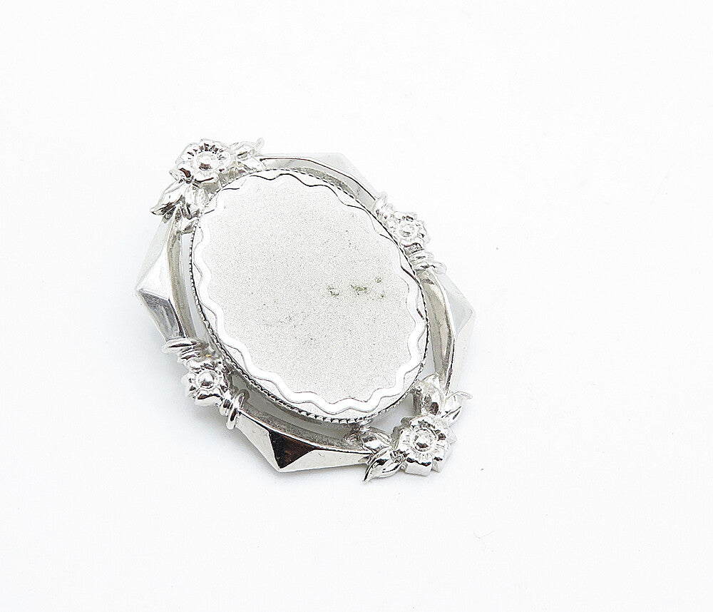 925 Sterling Silver  Vintage Shiny Floral Wreath Matte Oval Brooch Pin  BP2767