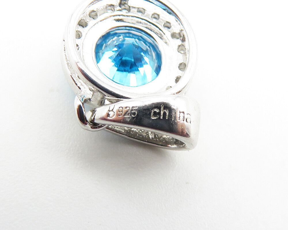 925 Sterling Silver  Prong Set Blue & White Topaz Round Drop Pendant  PT8327
