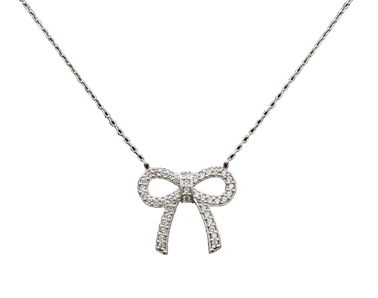925 Sterling Silver  Vintage Minimalist CZ Bow Thin Chain Necklace  NE4086