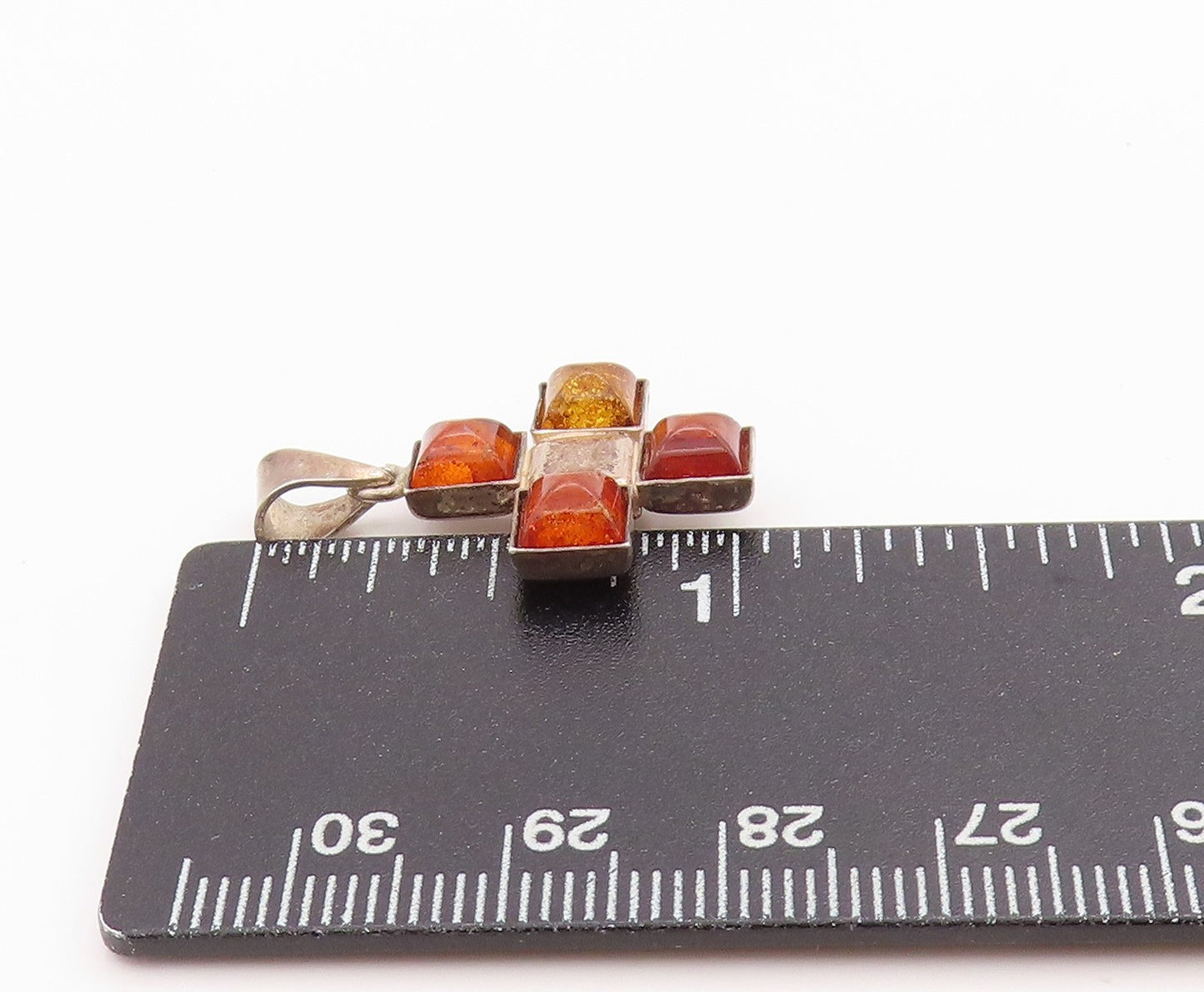 925 Sterling Silver Vintage Pendant Honey Amber Cross Medallion Charm  PT24833