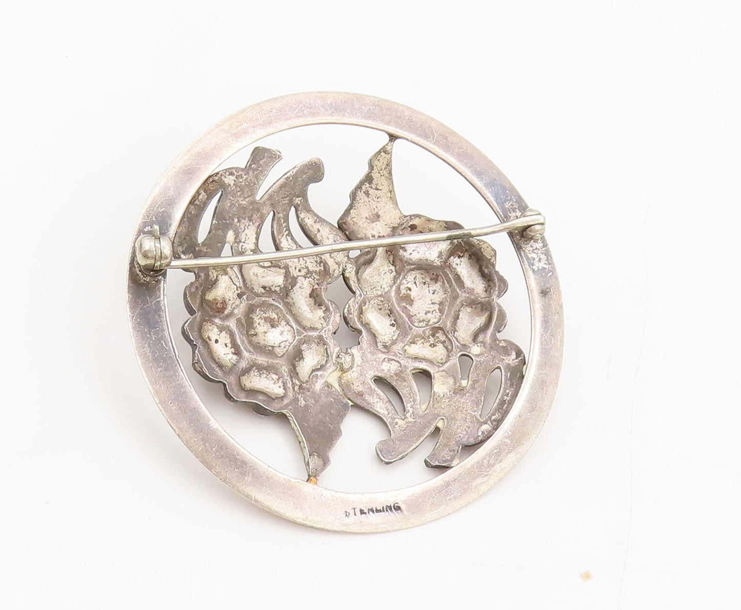 925 Sterling Silver Vintage Chrysoprase Flower Round Frame Brooch Pin BP10322