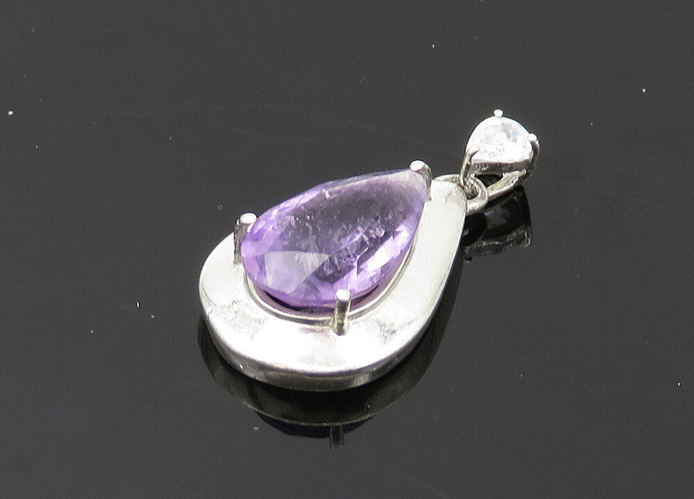 925 Sterling Silver  Vintage Prong Set Amethyst Tear Drop Pendant  PT16096