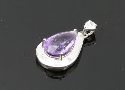 925 Sterling Silver  Vintage Prong Set Amethyst Tear Drop Pendant  PT16096
