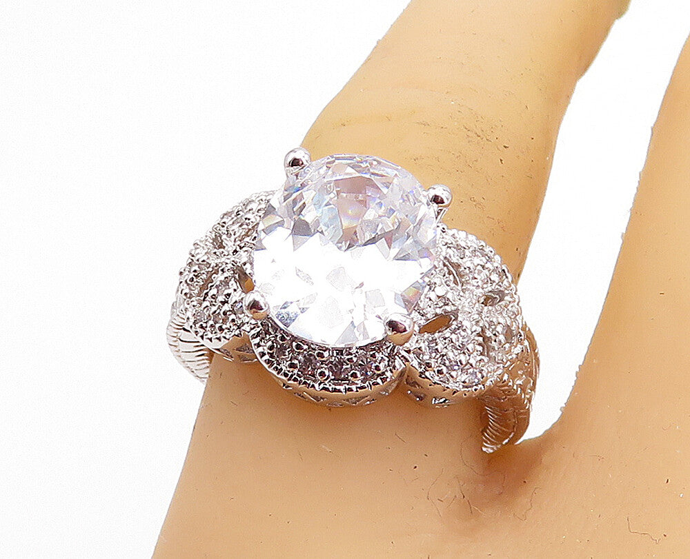 925 Sterling Silver  Sparkling Oval Cut Topaz Floral Band Ring Sz 7.5  RG4614
