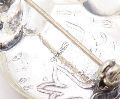 925 Sterling Silver Vintage Brooch Etched Kitten Hugging Fishbowl Pin  BP12111