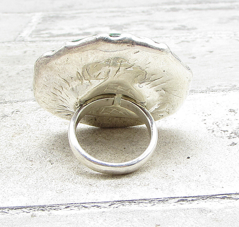 925 Sterling Silver  Carved Floral Over Green Enamel Cocktail Ring Sz 7 RG1425