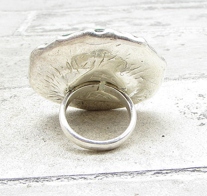 925 Sterling Silver  Carved Floral Over Green Enamel Cocktail Ring Sz 7 RG1425