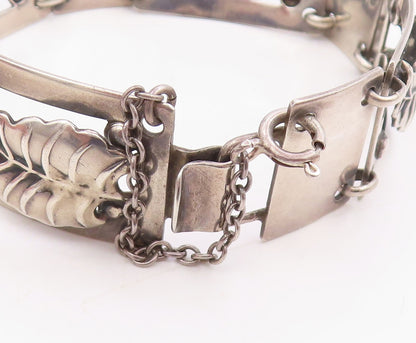 925 Sterling Silver Vintage Bracelet Carved Floral Leaf Panel Link Chain BT11479
