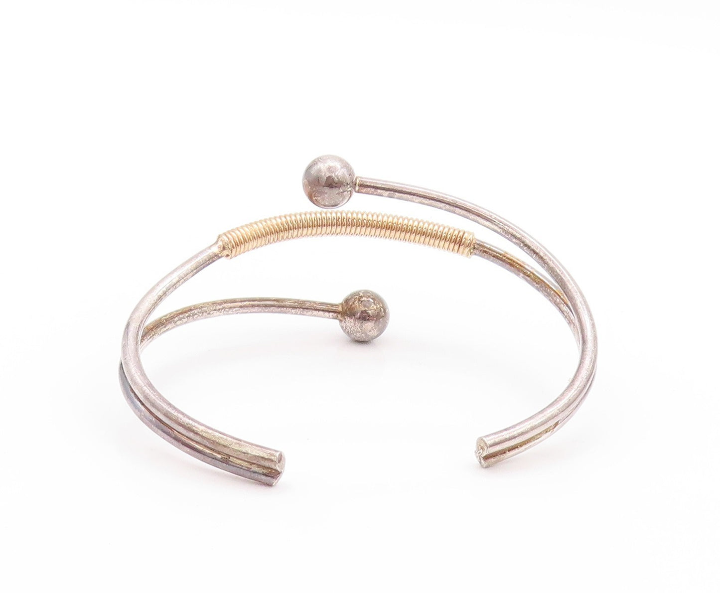 925 Sterling Silver Vintage Bracelet Modernist Gold Coiled Split Beads  BT11212