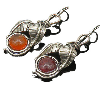 925 Sterling Silver  Vintage Cabochon Amber Floral Leaf Drop Earrings  EG9919