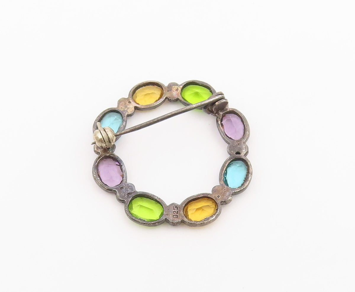 925 Sterling Silver Vintage Brooch Pin Multi Gemstone Circle Wreath  BP12586
