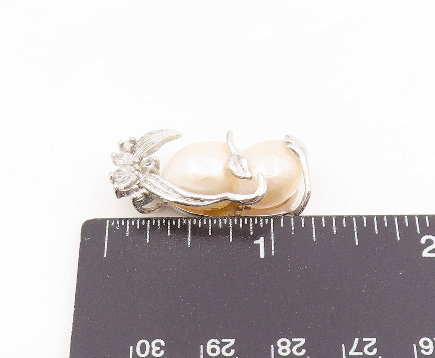 925 Sterling Silver Vintage Pendant Classic Twin Pearl CZ Floral Charm  PT25536