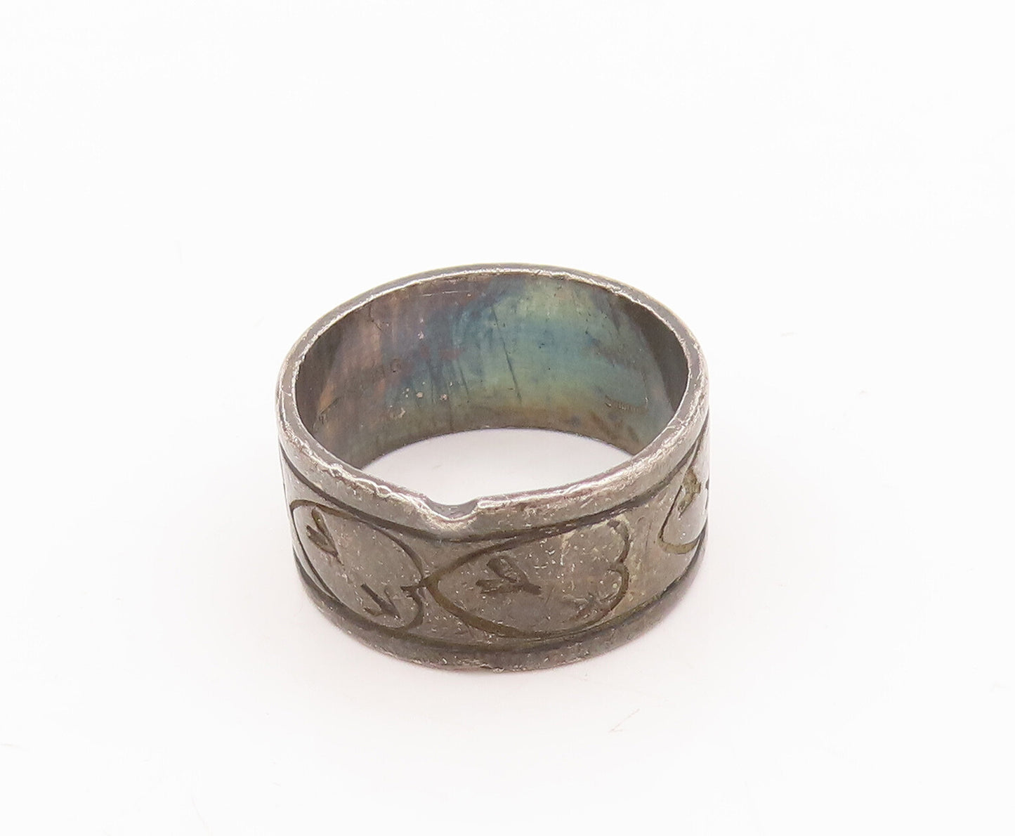 925 Sterling Silver Vintage Ring Antique Etched Hearts & Arrows  Sz 7.5  RG28555
