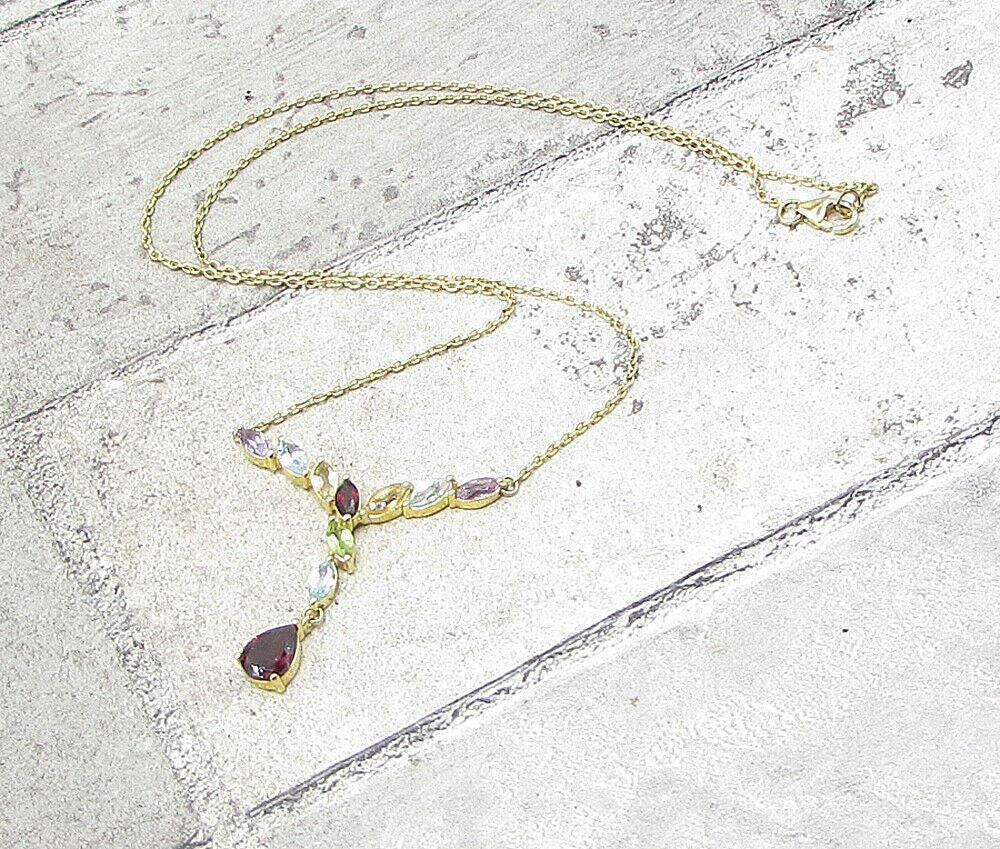 Gold Over 925 Silver Multi Colored Gemstones Lariat Chain Necklace PT1297