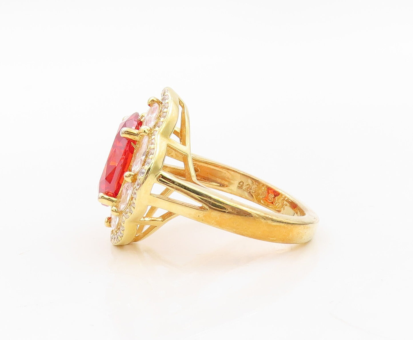 925 Sterling Silver Vintage Ring Gold Plated Red White CZ Flower Sz 7.5  RG30244