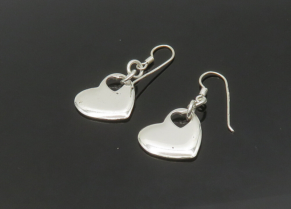 925 Sterling Silver  Vintage Shiny Smooth Love Heart Dangle Earrings  EG10749