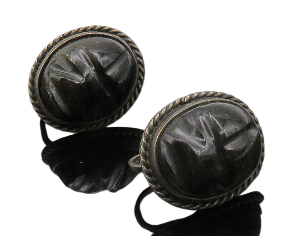 925 Sterling Silver  Vintage Face Carved Black Onyx Non Pierce Earrings EG7531