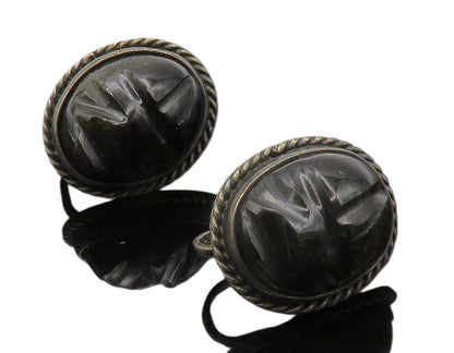 925 Sterling Silver  Vintage Face Carved Black Onyx Non Pierce Earrings EG7531