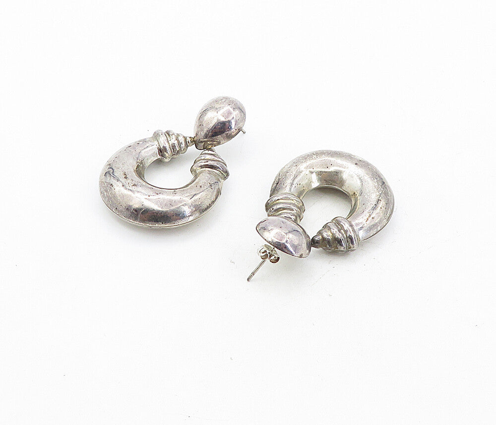925 Sterling Silver  Vintage Dark Tone Hollow Hoop Dangle Earrings  EG4316
