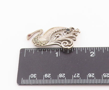 925 Sterling Silver Vintage Brooch Pin Multi Gemstone Scrollwork Swan  BP12635