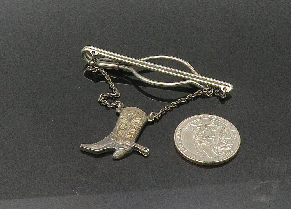 925 Sterling Silver  Vintage Floral Cowboy Boot Charmed Tie Clip  TR2978